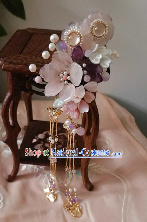 Chinese Handmade Peach Blossom Tassel Hairpin Traditional Song Dynasty Princess Rose Quartz Hair Stick