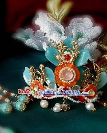 Chinese Handmade Pearls Hairpin Traditional Song Dynasty Princess Orange Chalcedony Hair Crown