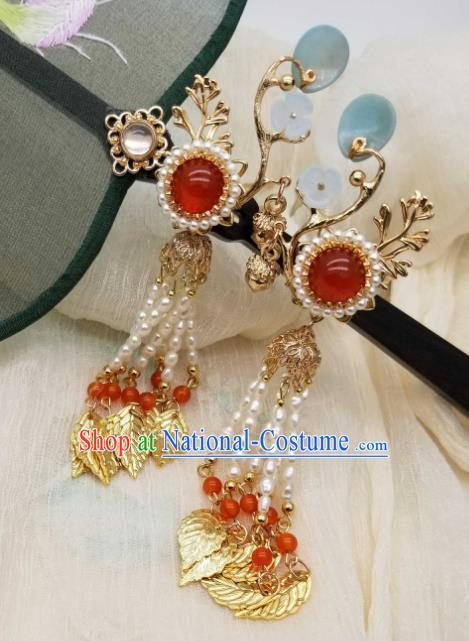 Chinese Handmade Agate Pearls Hairpin Traditional Song Dynasty Princess Golden Leaf Tassel Hair Stick