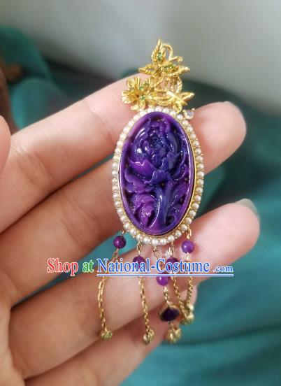 China Traditional Carving Peony Necklace Pendant Accessories Handmade Amethyst Tassel Necklet