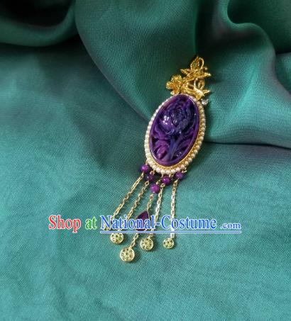 China Traditional Carving Peony Necklace Pendant Accessories Handmade Amethyst Tassel Necklet