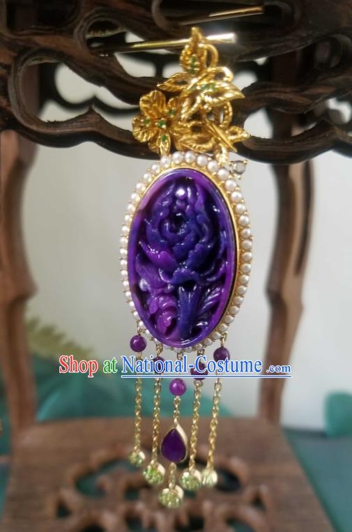 China Traditional Carving Peony Necklace Pendant Accessories Handmade Amethyst Tassel Necklet