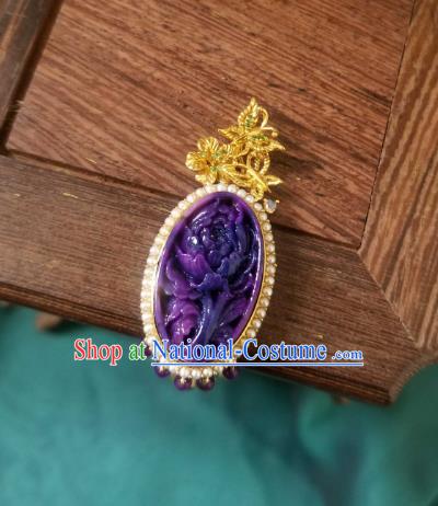 China Traditional Carving Peony Necklace Pendant Accessories Handmade Amethyst Tassel Necklet