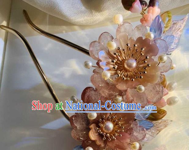 Chinese Handmade Rose Quartz Peony Hair Stick Traditional Ming Dynasty Princess Pearls Tassel Hairpin