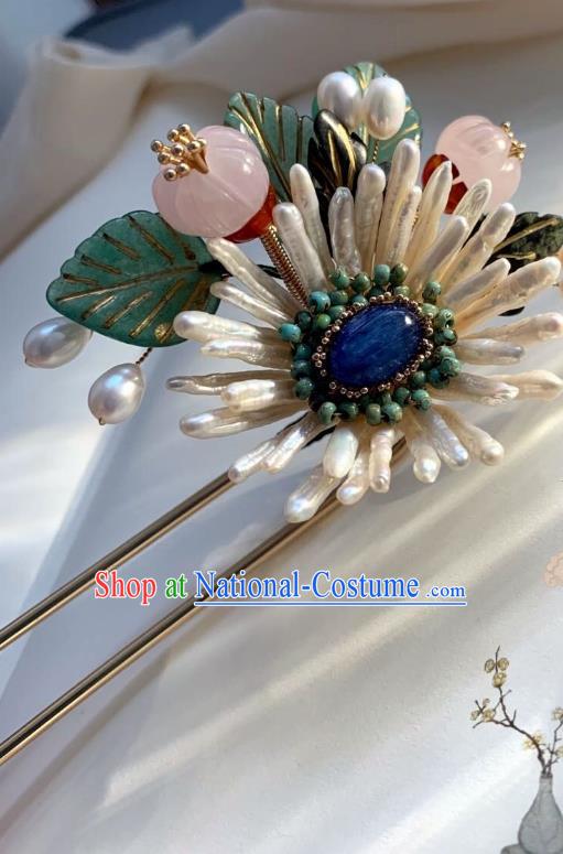 Chinese Handmade Shell Chrysanthemum Hair Stick Traditional Ming Dynasty Princess Rose Quartz Hairpin