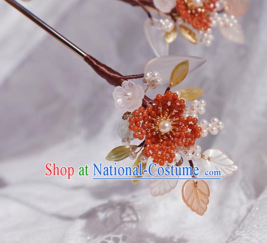 Chinese Handmade Red Beads Hairpin Traditional Ming Dynasty Princess Shell Leaf Hair Stick