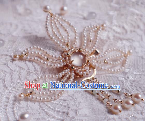 Chinese Handmade Tassel Hair Stick Traditional Ming Dynasty Princess Pearls Lotus Hair Claw