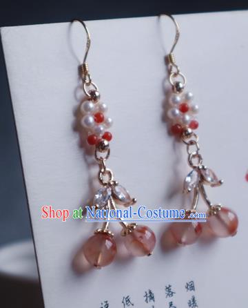 China Traditional Hanfu Crystal Earrings Ancient Ming Dynasty Princess Pink Beads Ear Jewelry