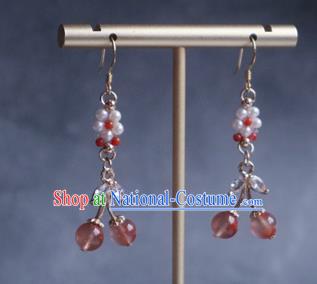 China Traditional Hanfu Crystal Earrings Ancient Ming Dynasty Princess Pink Beads Ear Jewelry