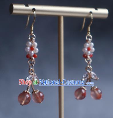 China Traditional Hanfu Crystal Earrings Ancient Ming Dynasty Princess Pink Beads Ear Jewelry