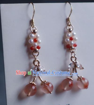 China Traditional Hanfu Crystal Earrings Ancient Ming Dynasty Princess Pink Beads Ear Jewelry