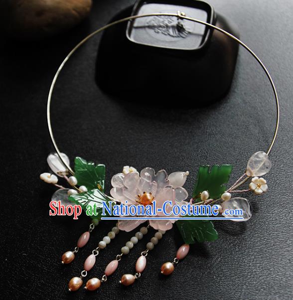 China Handmade Hanfu Peach Blossom Necklet Jewelry Traditional Ming Dynasty Rose Quartz Necklace Accessories