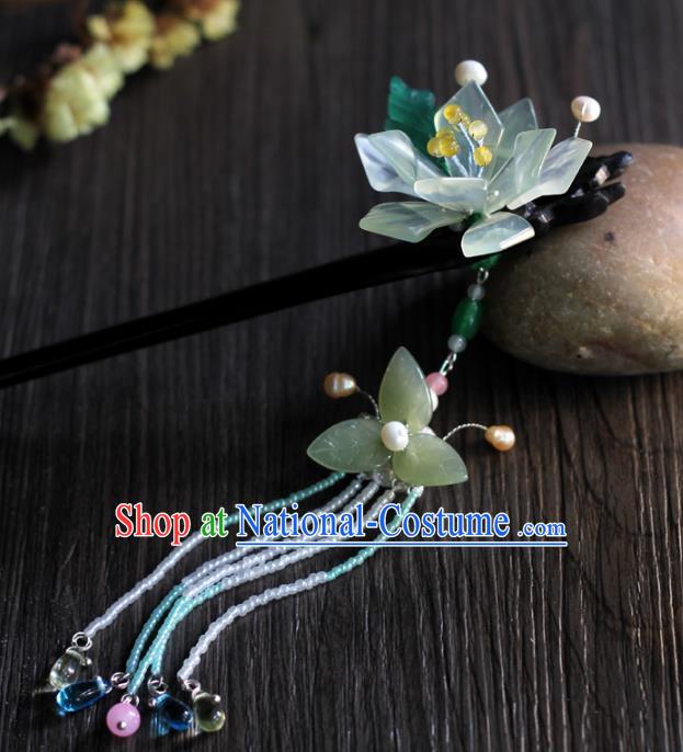 Chinese Handmade Ebony Hairpin Traditional Han Dynasty Princess Jade Mangnolia Tassel Hair Stick