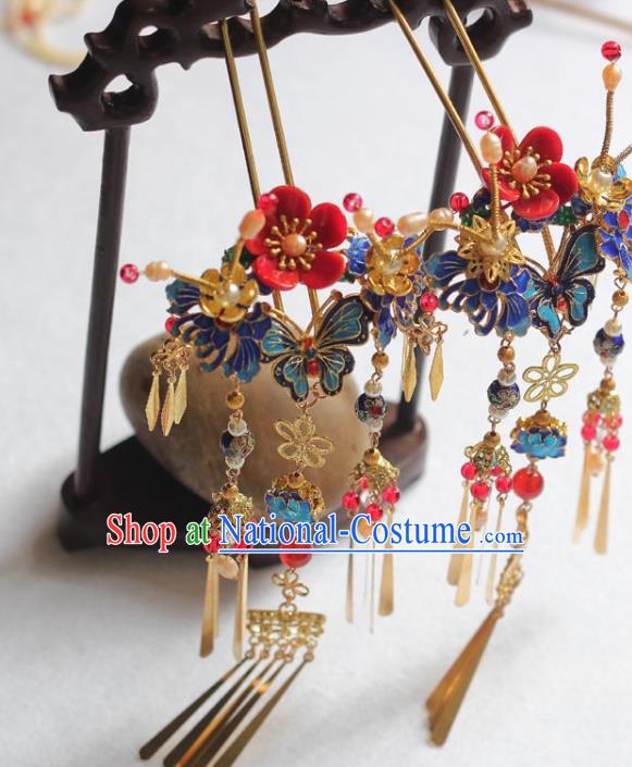 Chinese Handmade Red Plum Hairpin Traditional Ming Dynasty Princess Blueing Butterfly Hair Stick