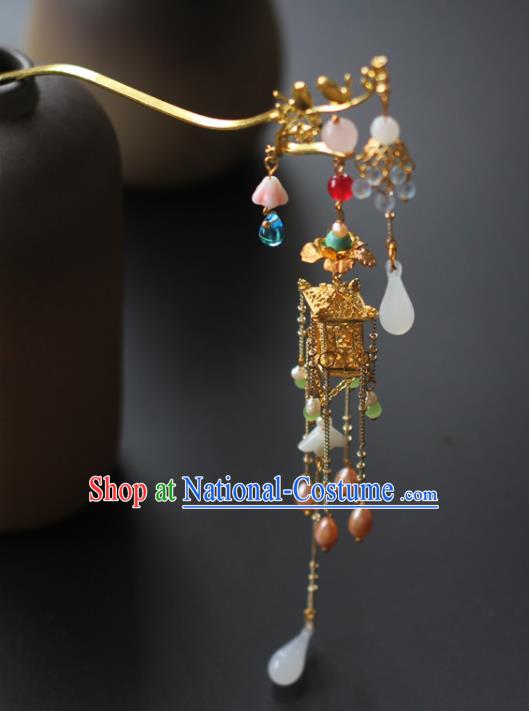 Chinese Handmade Palace Golden Hair Stick Traditional Qing Dynasty Court Lady Tassel Hairpin