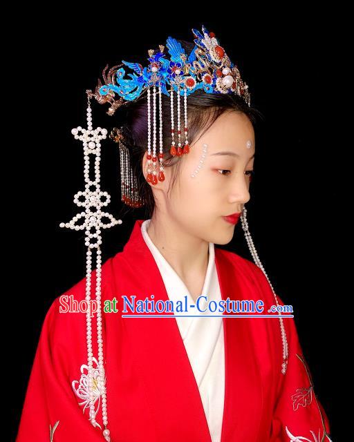 Chinese Handmade Blueing Phoenix Coronet Traditional Ming Dynasty Wedding Hair Accessories Full Set