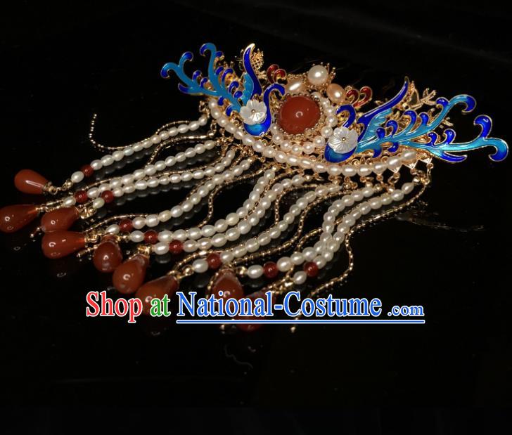 Chinese Traditional Ming Dynasty Blueing Phoenix Hair Stick Handmade Agate Tassel Hairpin