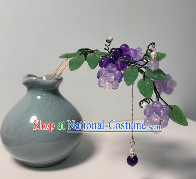 Chinese Ming Dynasty Princess Grape Hair Stick Handmade Traditional Hanfu Amethyst Beads Tassel Hairpin