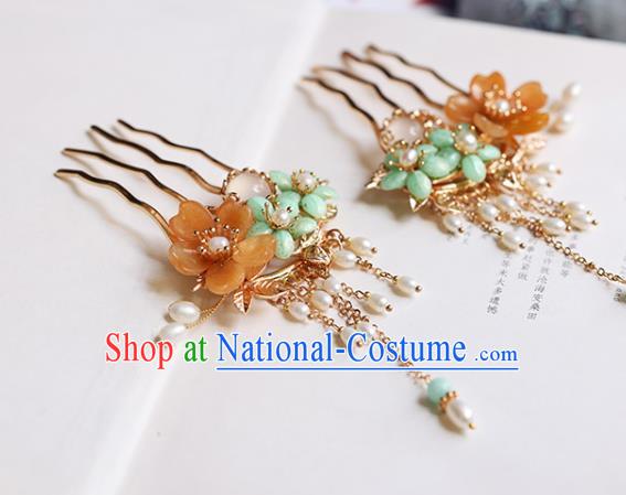 Chinese Handmade Plum Blossom Hair Comb Traditional Ming Dynasty Princess Pearls Tassel Hairpin