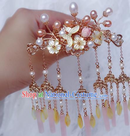 Chinese Handmade Yellow Shell Plum Hair Stick Traditional Ming Dynasty Princess Golden Tassel Hairpin