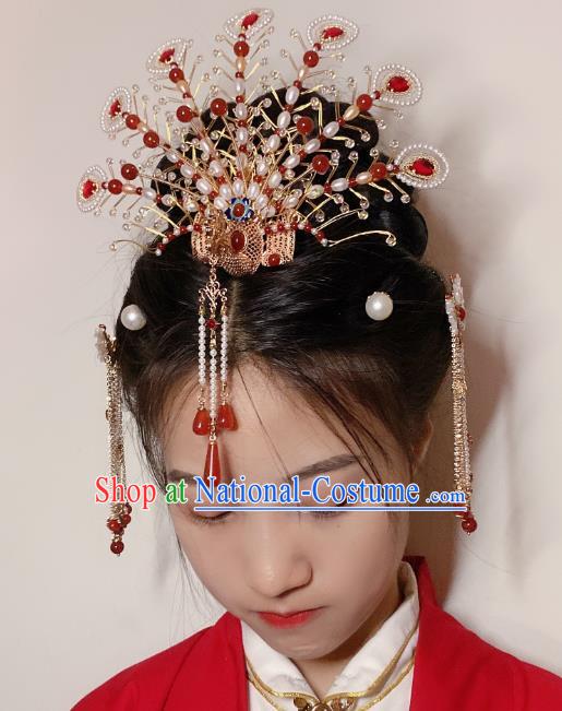 Chinese Handmade Phoenix Coronet Traditional Ming Dynasty Wedding Pearls Hair Crown