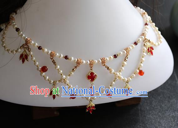 China Traditional Hanfu Red Crystal Necklace Accessories Handmade Pearls Necklet Jewelry