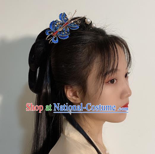 Chinese Handmade Blue Butterfly Hair Claw Traditional Ming Dynasty Princess Hairpin