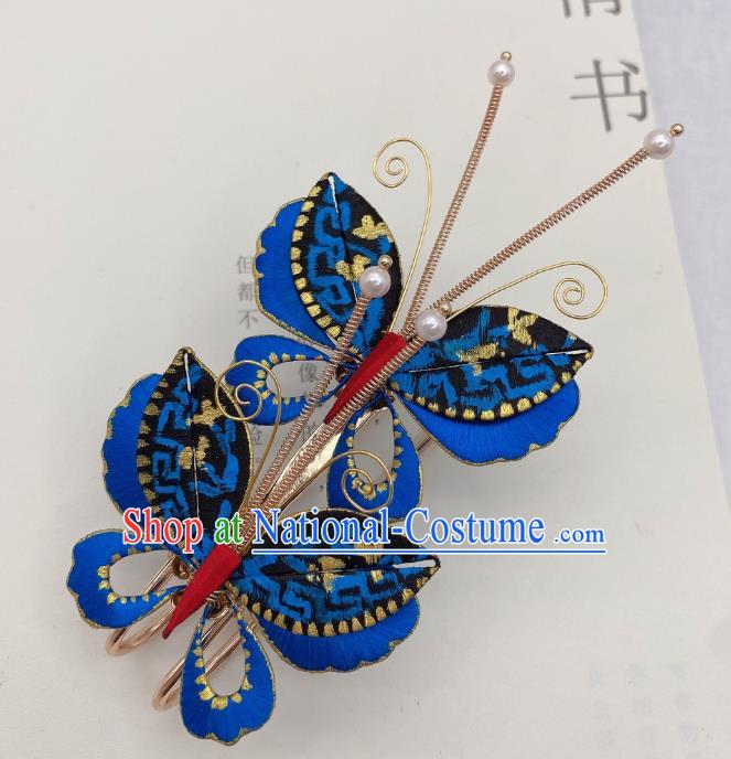 Chinese Handmade Blue Butterfly Hair Claw Traditional Ming Dynasty Princess Hairpin