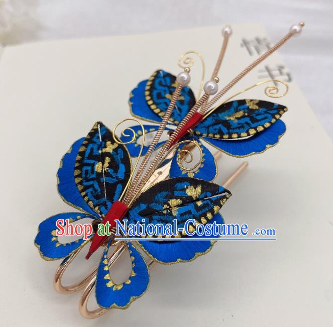 Chinese Handmade Blue Butterfly Hair Claw Traditional Ming Dynasty Princess Hairpin