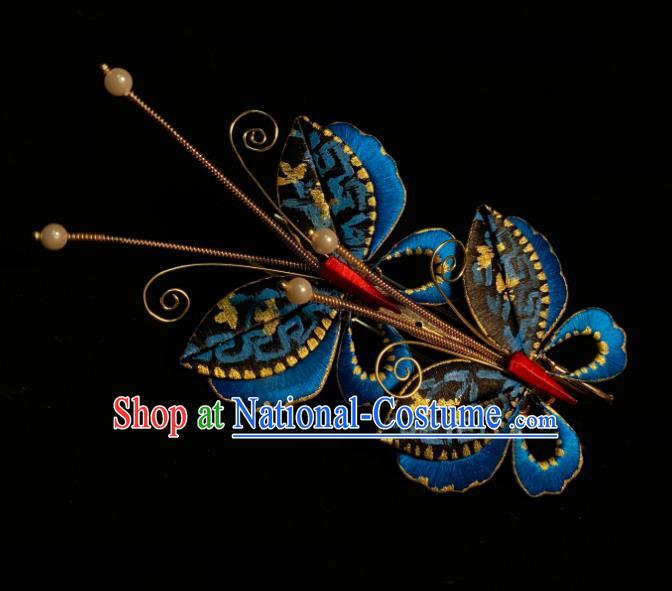 Chinese Handmade Blue Butterfly Hair Claw Traditional Ming Dynasty Princess Hairpin