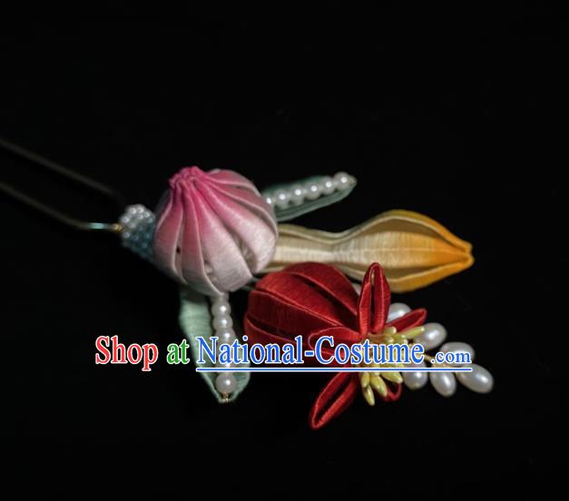 Chinese Handmade Silk Flowers Hair Stick Traditional Song Dynasty Princess Pearls Hairpin