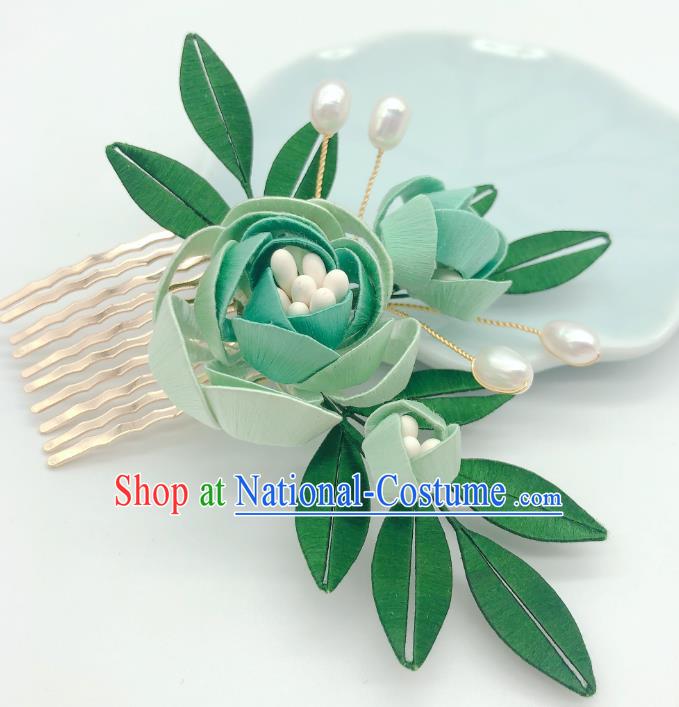 Chinese Traditional Ming Dynasty Princess Hair Stick Handmade Green Rose Hair Comb