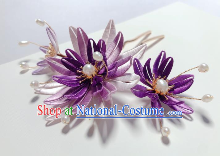 Chinese Traditional Qing Dynasty Palace Lady Hair Stick Handmade Purple Silk Epiphyllum Hairpin