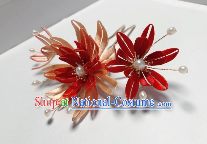 Chinese Traditional Song Dynasty Epiphyllum Hair Stick Handmade Red Silk Flowers Hairpin