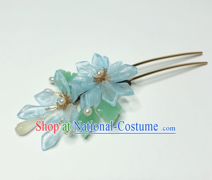 Chinese Traditional Ming Dynasty Princess Hair Stick Handmade Blue Flowers Hairpin