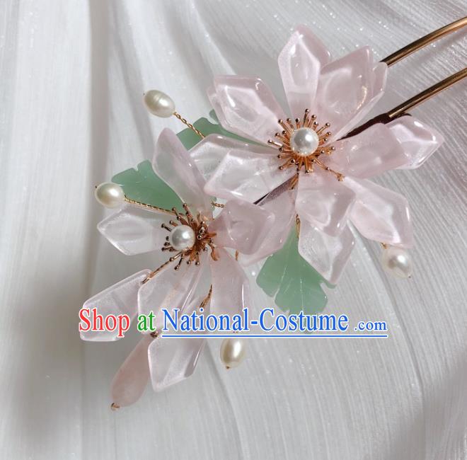 Chinese Handmade Light Pink Flowers Hairpin Traditional Ming Dynasty Young Beauty Hair Clip