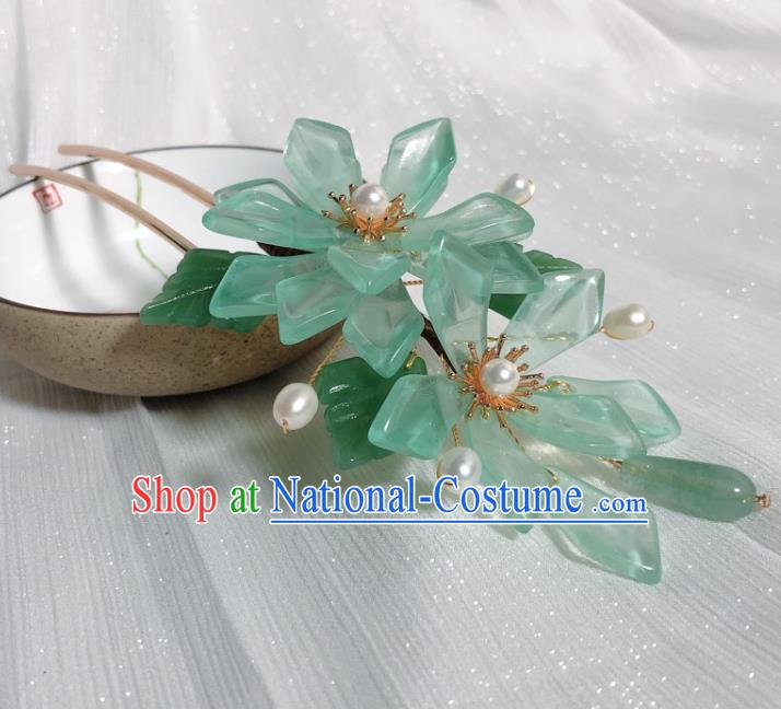 Chinese Handmade Green Mangnolia Hairpin Traditional Ming Dynasty Pearls Hair Clip