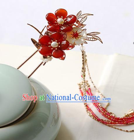 Chinese Handmade Plum Blossom Hair Stick Traditional Ming Dynasty Princess Red Beads Tassel Hairpin