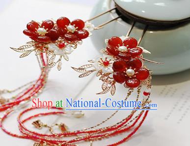 Chinese Handmade Plum Blossom Hair Stick Traditional Ming Dynasty Princess Red Beads Tassel Hairpin