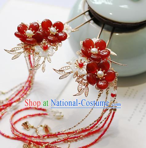 Chinese Handmade Plum Blossom Hair Stick Traditional Ming Dynasty Princess Red Beads Tassel Hairpin