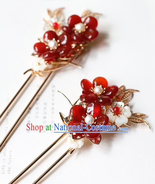 Chinese Handmade Plum Blossom Hair Stick Traditional Ming Dynasty Princess Red Beads Tassel Hairpin