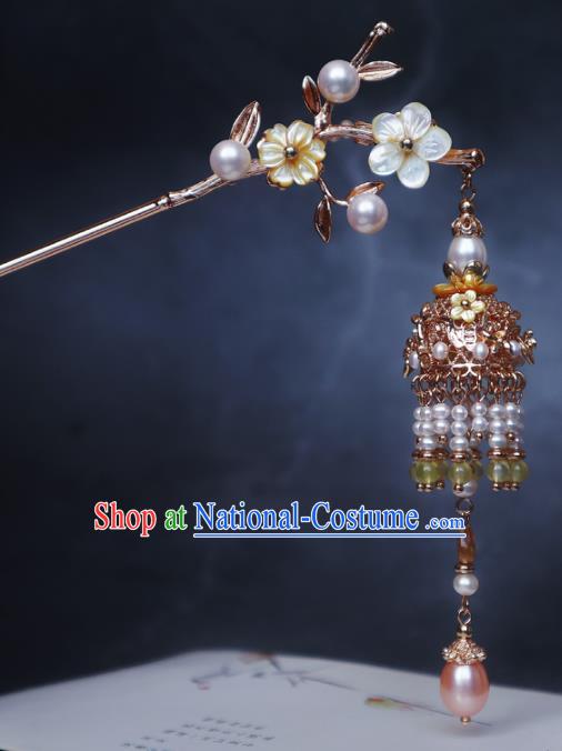 Chinese Handmade Shell Plum Blossom Hair Stick Traditional Ming Dynasty Princess Pearls Tassel Hairpin