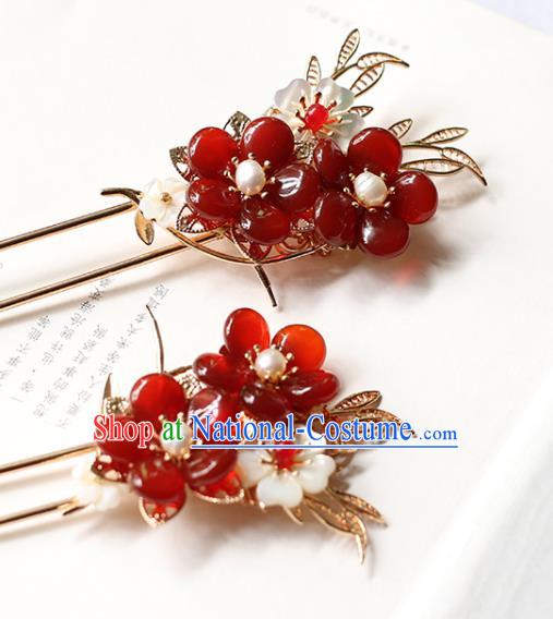 Chinese Handmade Plum Blossom Hair Stick Traditional Ming Dynasty Princess Red Beads Tassel Hairpin