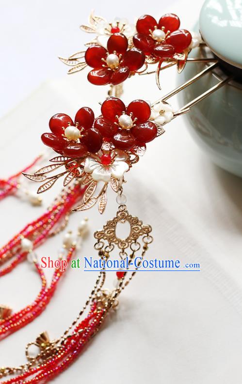 Chinese Handmade Plum Blossom Hair Stick Traditional Ming Dynasty Princess Red Beads Tassel Hairpin