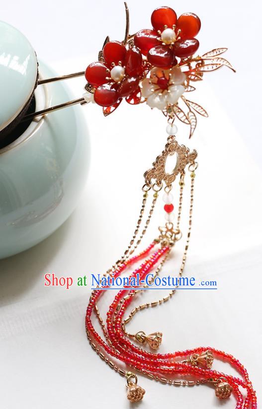 Chinese Handmade Plum Blossom Hair Stick Traditional Ming Dynasty Princess Red Beads Tassel Hairpin