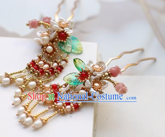 Chinese Handmade Pearls Tassel Hair Comb Traditional Ming Dynasty Princess Shell Flowers Hairpin