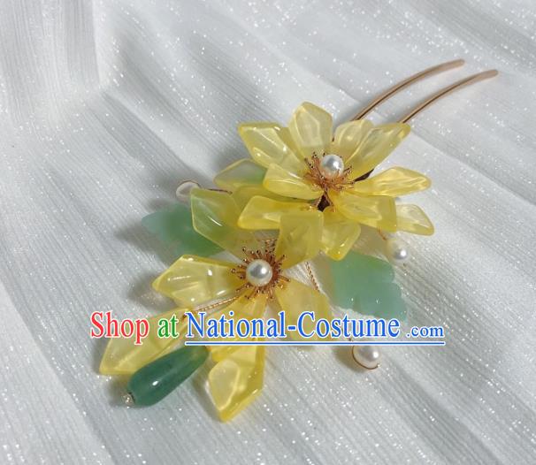 Chinese Handmade Hanfu Hairpin Traditional Ming Dynasty Palace Lady Yellow Flowers Hair Stick