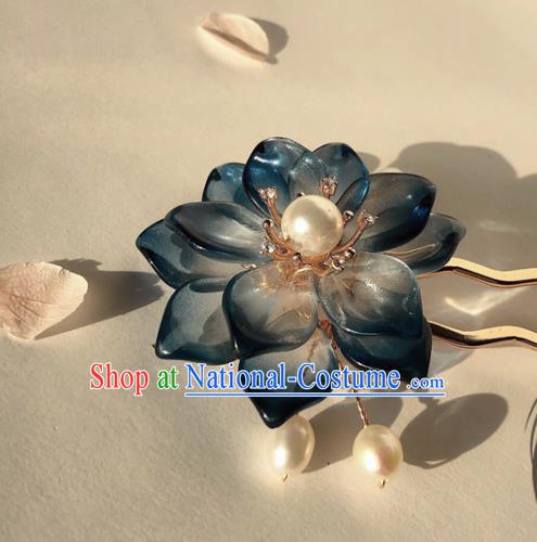 Chinese Handmade Pearls Hairpin Traditional Ming Dynasty Palace Lady Navy Lotus Hair Stick