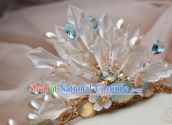 Chinese Handmade White Crystal Hairpin Traditional Ming Dynasty Palace Lady Chalcedony Hair Crown