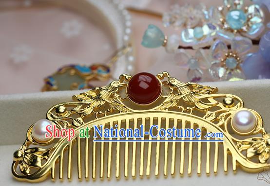 Chinese Handmade Agate Pearls Hairpin Traditional Ming Dynasty Empress Golden Hair Comb